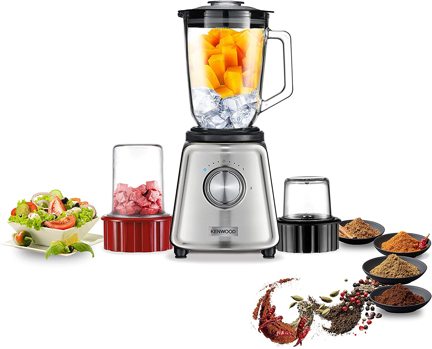 KENWOOD Glass Blender 800W Smoothie Blender Cum Smoothie Maker 1.5L with Glass Grinder Mill, Meat Grinder/Chopper Mill, Ice Crush Function BLP44.270SS Silver
