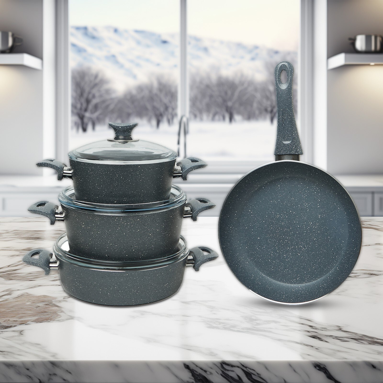 Buy Kunzita 7 Pieces Turkish Granite Cookware Set With Pyrex Lid - Grey ...
