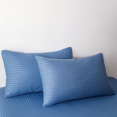 Luna Home Premium 6 Piece King Size Duvet Cover Satin Stripe Solid Stone Blue