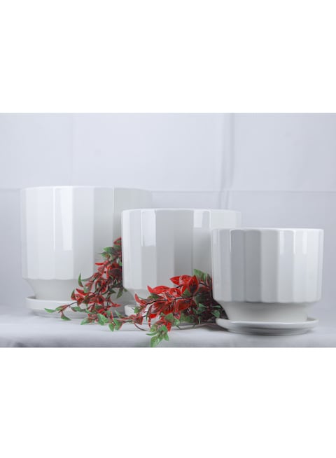 Vsell24&nbsp;White Ceramic Flower Pot Set with Drainage Holes and Saucers-Medium