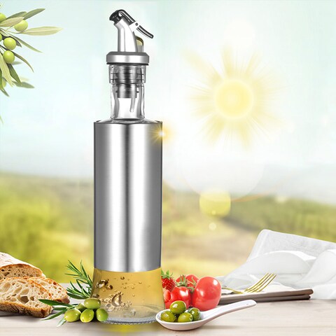Generic-Olive Oil Dispenser Glass and Stainless Steel Bottle Drizzler Vinegar and Oil Cruet with Pourer Drip-Free Spout for Kitchen 300ml / 10oz