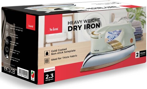 Avion 1200W Heavy Weight Dry Iron - Electric Iron 60 Micron Ceramic Coated Sole Plate, Durable Heavy Weight Iron Box, Auto Shut Off, Temperature Setting Dial, Overheat Protection, Ahw21Di