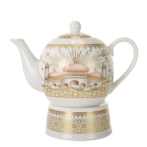 Lihan Ramdan Gold Coarted Design Ceramic Teapot With Candle Warmer, Ramadan Decorations For Table For Tea, Coffee, Milk