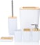 Generic Bamboo Bathroom Accessories, Modern Design, Set Of 6: Soap Dispenser, Toothbrush Holder, Tooth Mug, Soap Dish, Toilet Brush, Rubbish, White