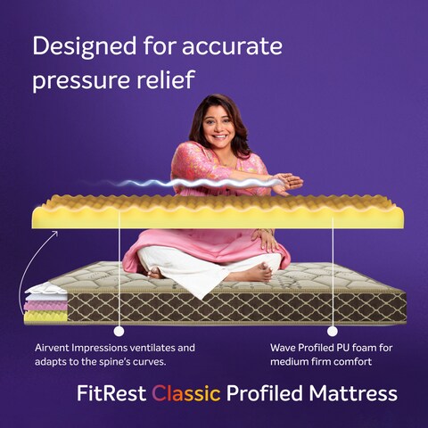 Sleepwell Fitrest Classic   Acuprofile PU Foam   Queen Bed Size   Medium Firm   Neem Fresche Technology   Anti Sag Mattress (200L x 160W x 20H cm)