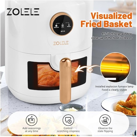 Zolele Smart Electric Non Stick Air Fryer, 4.5L Capacity, Transparent Oven, 6 Cooking Modes, Knob Control, 1400W Power, Low Oil Consumption, Fast And Even Heating, White, Za004