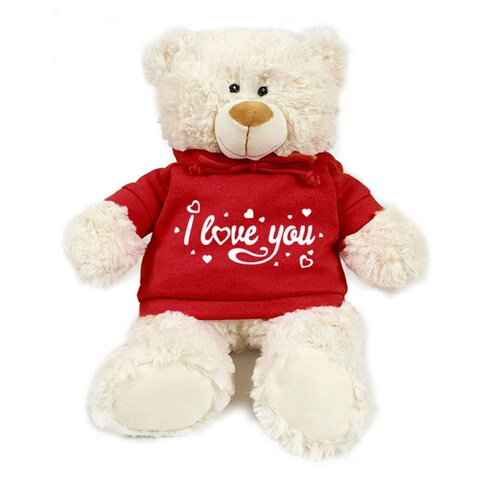 Caravaan, Supersoft, Cuddly Teddy Bear With Trendy Red Hoodie I Love You Size 38cm Ideal For Birthdays, Celebrations, Boys, Girls Parties Soft And Cuddly