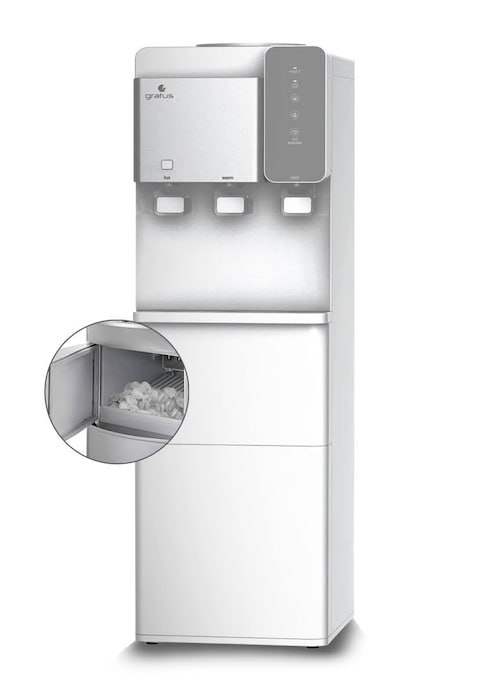 Gratus ice maker with Water Dispenser Hot, cool &amp; Cold 3 Tap (White), 1 Year Full &amp; 2 Year Compressor Warranty, Model -GWID1100ACR1DX