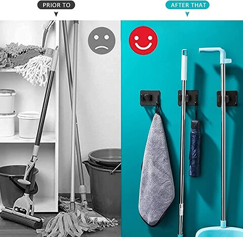 SHOWAY Broom Mop Holder Wall Mount, Wall - Mount - Mop Clips 4 Pack Self-Adhesive Mop Grippers Heavy Duty Broom Hanger for Laundry Room Garden Tool Holder Bathroom Accessories (Black)