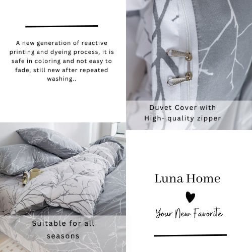 LUNA HOME King size 6 pieces without filler,Reversible Design Grey and White Sakura Duvet cover.