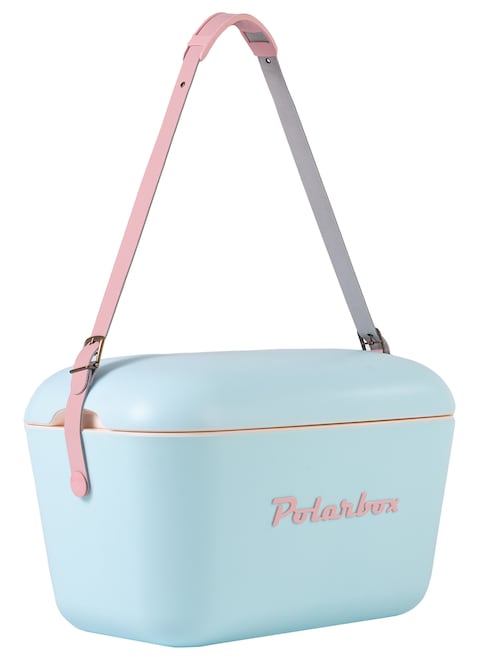 Polarbox 20L Portable Ice Box, For Outdoor Use, Drinks And Food, Pop Storage Box, Sky Blue/Baby Rose Cooler with Baby Rose Leather Strap