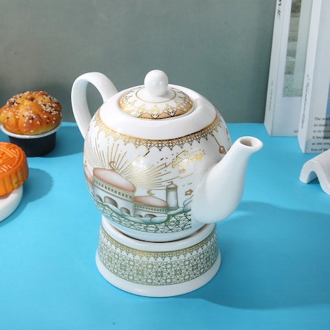 Lihan Ramdan Gold Coarted Design Ceramic Teapot With Candle Warmer, Ramadan Decorations For Table For Tea, Coffee, Milk