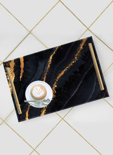 Lowha Decorative Acrylic Serving Tray With Gold Metal Handles And Background Art Design 20x30 cm