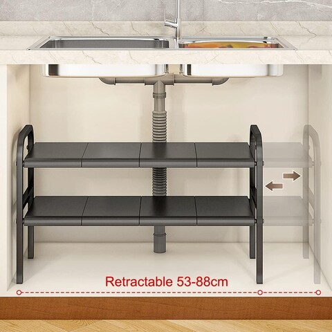 GStorm Multifunctional 2 layer kitchen under sink organizer, multi specification 2 layer expandable under sink organizer Suitable for bathroom kitchen cabinet storage (Black)