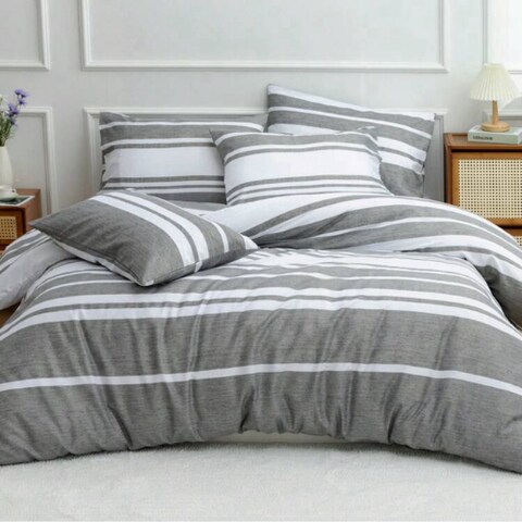 Luna Home King Size 6 Pieces, Gray Stripe Design Bedding Set