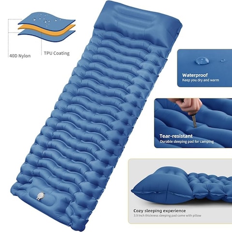HEXAR&reg; Self Inflating Sleeping Pad with Foot Pump 190X64 Built-in Pump Foldable Sleeping Mat with Pillow for Camping Hiking Durable Inflatable Air Mattress - Carry Bag, Repair Patches (Navy Blue)
