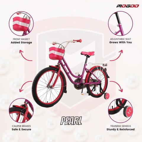 Mogoo Pearl Kids Road Bike With Basket For 4-10 Years Old Girls, Adjustable Seat, Handbrake, Mudguards, Reflectors, Rear Carrier, Gift For Kids, 16/20 Inch Bicycle With Training Wheels