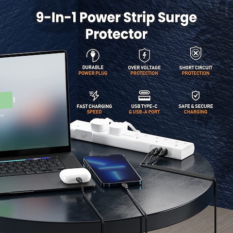 Moxedo 3250W Power Strip Surge Protector 9 Way 1 USB-C PD Ports + 2 USB-A Ports + 6 AC Outlets Fast Charging with 2M Cable Length