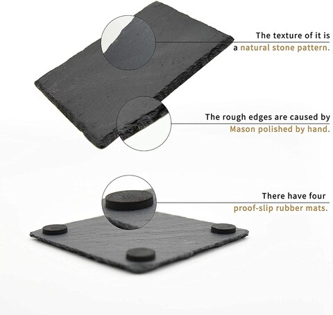Lushh Natural Stone Square Slate Coaster for Drink Bar Kitchen Home, Handmade Natural Rough Edge, 6pcs Set 10x10 Cm