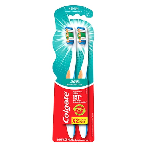 Colgate 360 Medium Toothbrush With Tongue Cleaner Multi Pack 2 Pcs