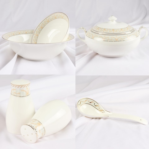 XIANGYU Dinner Set Porcelain Gold, 115pcs tea set; 10&#39;5 flat plate- (12) , 8&#39; soup plate- (12) 8&#39; flat plate- (12), 7&#39;5 flat plate- (12) 6&#39; salad bowl- (12), &#39;tea pot (1set)- (2) Tea cup/Saucer(12set)