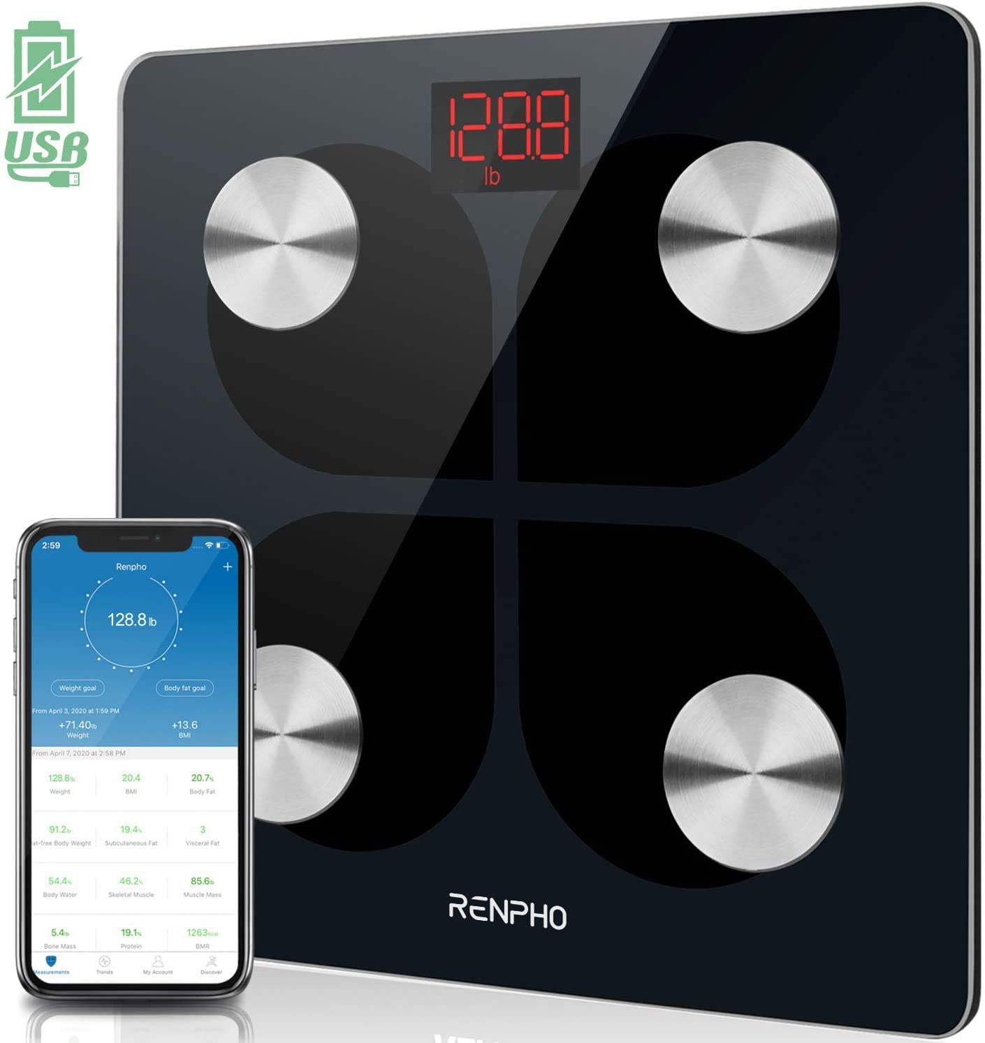 Buy Renpho Rechargeable Smart Scale Elis - Black Online | Carrefour UAE
