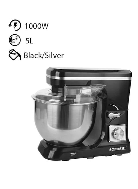 Sonashi 3 In 1 Stainless Steel Bowl Stand Mixer 5L, 1000W, SMX-140, Black/Silver
