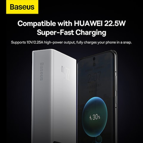 Baseus 30000.0 mAh Portable Charger Power Bank 30000mAh, 22.5W QC 3.0 PD 20W USB 3-Port 3A Fast Charging Charger C Battery Pack, Smart LED Display Phone for iPhone Series, Samsung, Android etc,  White