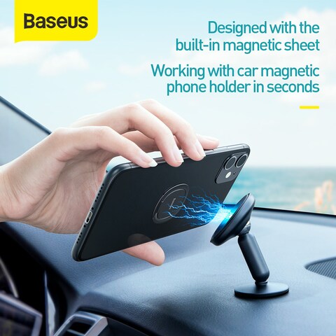Baseus Cell Phone Ring Holder, Slimmest Phone Grip 360 Degree Rotation Metal Finger Grip Adjustable Cellphone Stand for Magnetic Car Mount For iPhone, Galaxy, Pixel and More Smartphone Black