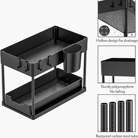 Multipurpose Under Sink Kitchen Organizers and Storage Pull Out Sliding Drawerwith 4 hooks and 1 cup.
