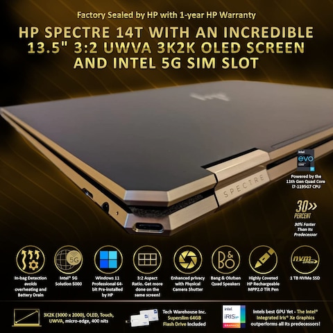 HP Spectre x360 Luxury 14T, 13.5&quot; 3:2 3K2K OLED UWVA Touch, Intel i7-1195G7, 16GB RAM, 1TB NVMe SSD, Intel 5G Sim Slot, B&amp;O Audio, Fingerprint, HP Tilt Pen, Win 11 Pro, 64GB TechWarehouse Flash Drive