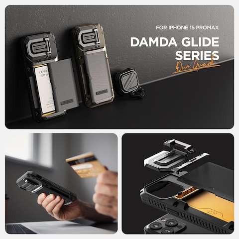 VRS Design Damda Glide Duo Guard for iPhone 15 Pro MAX case cover wallet [Semi Automatic] slider Credit card holder Slot [4 cards] &amp; Camera lens Protector Kickstand - Black Groove