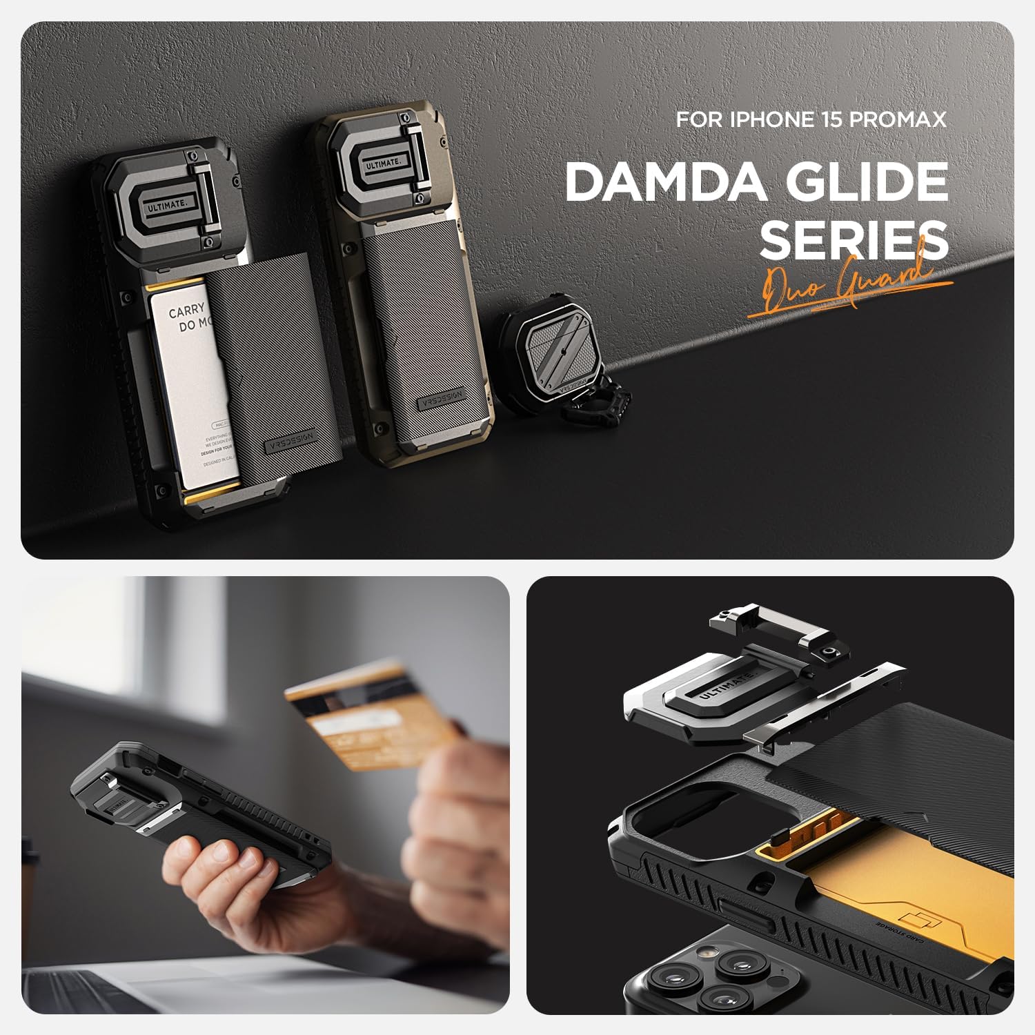 VRS Design Damda Glide Duo Guard for iPhone 15 Pro MAX case cover wallet [Semi Automatic] slider Credit card holder Slot [4 cards] &amp; Camera lens Protector Kickstand - Black Groove