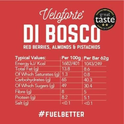 Veloforte Di Bosco Energy Bar - Red Berries, Almonds and Pistachios  - 9 count x 62g - 5gr plant protein bar, 40gr Carbs, Rich in Dual source Carbohydrates, 100% Natural, Vegan, Gluten Free
