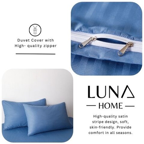 Luna Home Premium 6 Piece King Size Duvet Cover Satin Stripe Solid Stone Blue