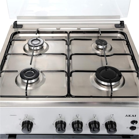 Akai Freestanding Gas Range Cooker With 4 Burners, Silver/Black, CRMA606SC