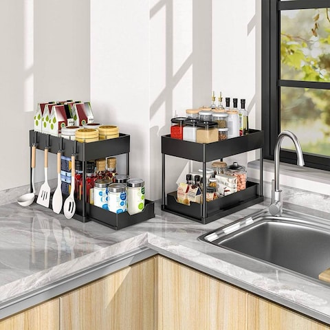 Multipurpose Under Sink Kitchen Organizers and Storage Pull Out Sliding Drawerwith 4 hooks and 1 cup.