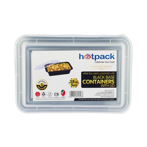 Hotpack Black Base Rectangular Container 38 ounce with Lids, 5 Pieces