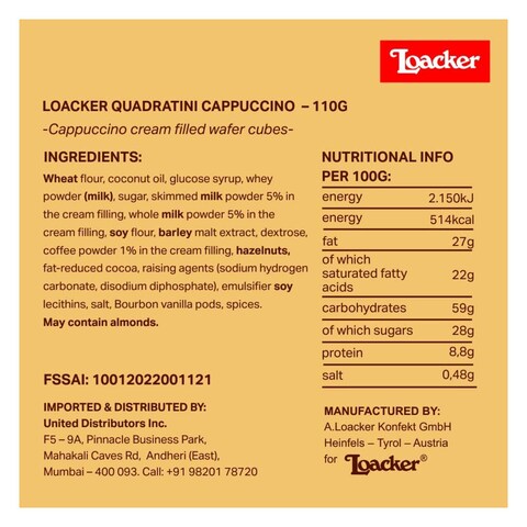 LOACKER QUADRATINI CAPPUCCINO110G
