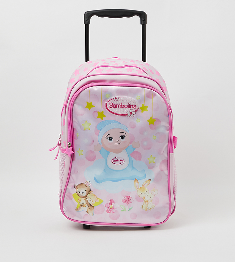 مجموعة حقيبة العودة إلى المدرسة بامبولينا 5 قطع (حقيبة مدرسية بعجلات 16 بوصة، صندوق غداء، مقلمة، زجاجة ماء، حقيبة الطعام)