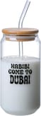 1CHASE Borosilicate "Habibi Come To Dubai" Printed Drinking Glasses With Bamboo Lid And Glass Straw, 550ml, Can Shaped Glass Cups - Set Of 2