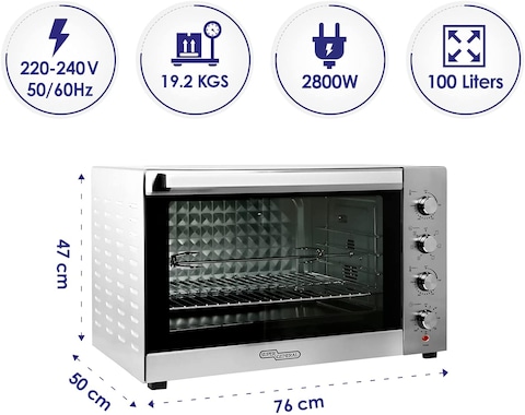 Super General 100 Liter Stainless Steel Electric Oven, Rotisserie-Grill, Convection-Oven, Thermostat, Timer, SGEO-101-TRC, Black/Silver, 76 X 50 X 47 cm, 1 Year Warranty