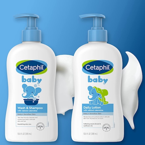 Cetaphil Baby Wash &amp; Shampoo Plus Body Lotion, Healthy Skin Essentials, Head To Toe Hydration For Up To 24 Hours, For Delicate, Sensitive Skin, 2 Count (Pack Of 1)