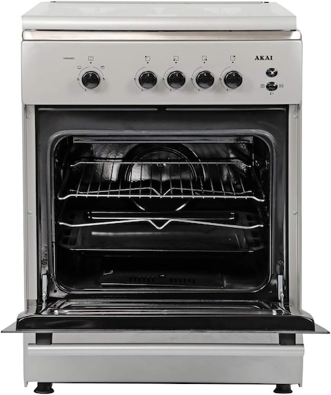 Akai Freestanding Gas Range Cooker With 4 Burners, Silver/Black, CRMA606SC