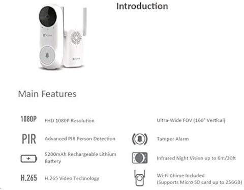 EZVIZ DB2C WireFree Video Doorbell with Chime Rechargable Battery Powered Wireless Smart Home Security Camera Two-Way Talk Human Detection Full HD Night Vision