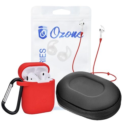 Ozone - 6 in 1 Airpods Travel Kit Waterproof Silicone Case with Keychain/Strap/Earhooks/Storage Box for Apple Airpod 2/1- Red