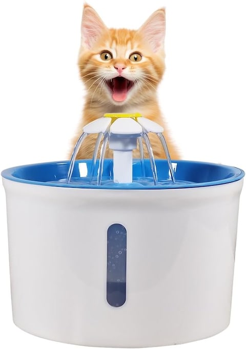 Cat water fountain with water level window, Flower fountain 1.6L water dispenser for multiple pets with replacement filters, Three modes drinking fountain (16 cm) Blue