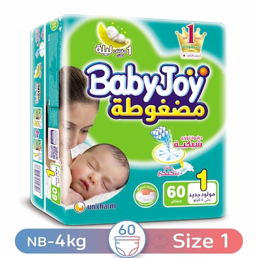 بيبي جوي حفاضات أطفال مرنة لحديثي الولادة - مقاس 1 - 0-4 كجم - 60 حفاضة