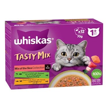 Whiskas Tasty Mix of the Sea Collection in Gravy Food for Cat, 1 Years and above, 70g Pack of 12