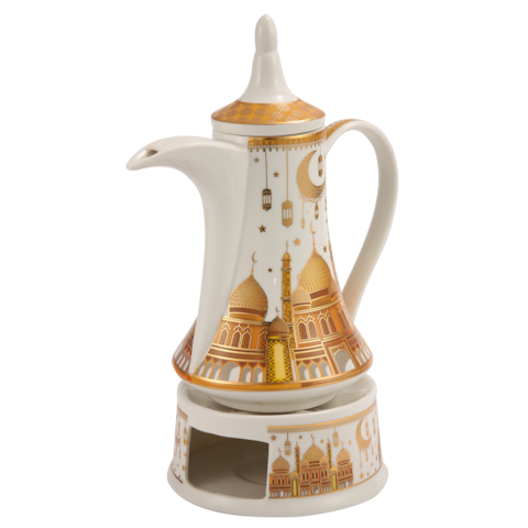 Ramadan Design Arabic Coffee Pot ceramic, Healthy and Extremely Heat Resistant with Candle Warmer, with ramadan design ,white and gold color (L-30*W-7*H-15.5CM)